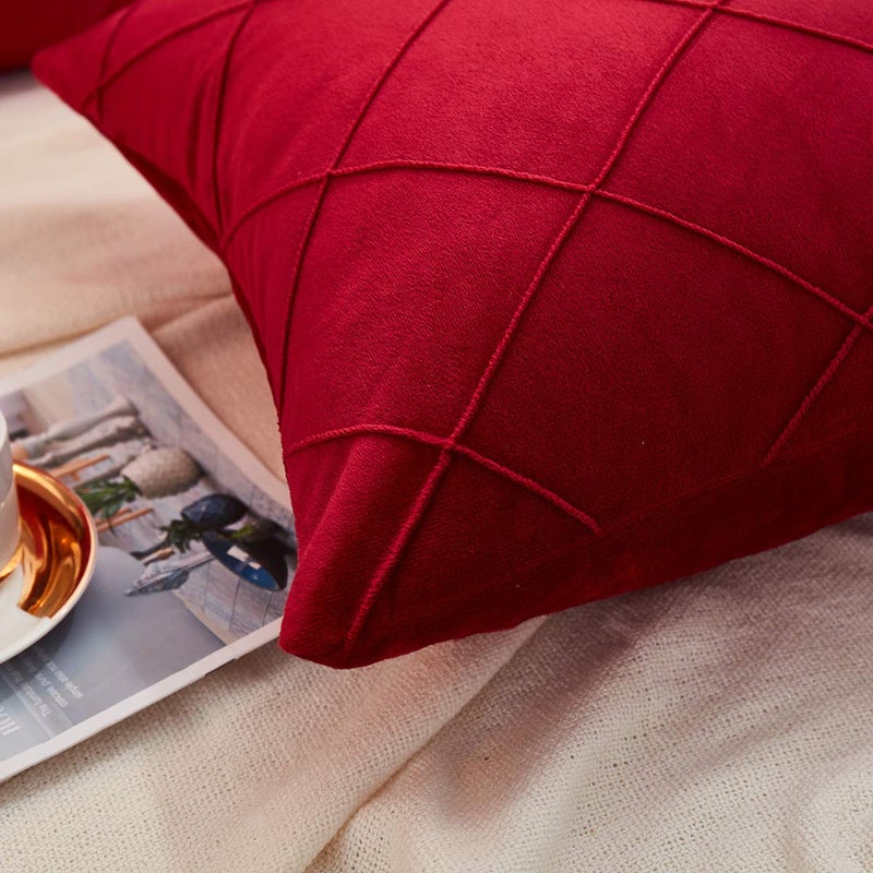 JAUXIO Diamond Pinch Pleated Crystal Velvet Pillowcases 2 Pack Solid Pintuck Throw Cushion Cover for Home Decor Hidden Zipper Closure (Burgundy, Standard) - Image 4